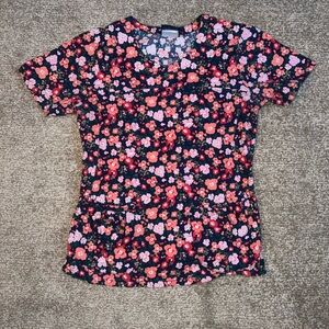 Sanibel Scrubs Navy and Coral Pink Floral Fitted Women's Scrubs Top size XS